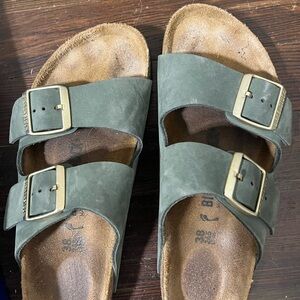 Birkenstock Green Sandals with Gold Buckles